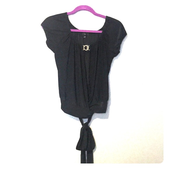 Wrap front dressy black top with gold clasp - Picture 1 of 5